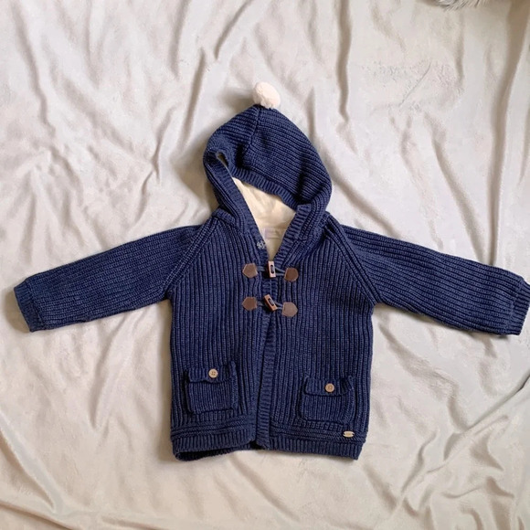 Mayoral chunky knit navy blue toggle front faux fur lined sweater size 18 months - Picture 1 of 7